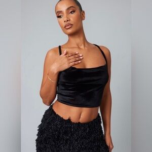 PrettyLittleThing Black Velvet Cowl Neck Dark Holiday Crop Top Size 10 NWT